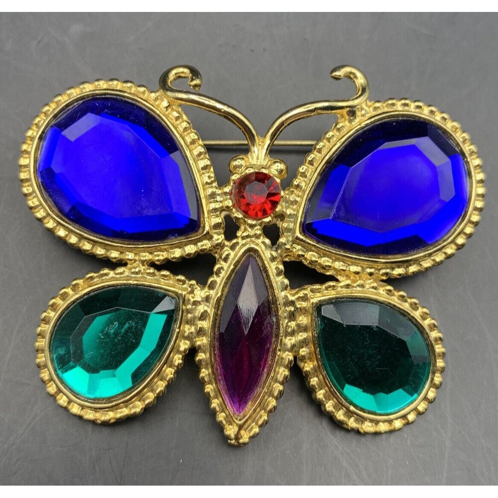 Jewel Tone Butterfly Brooch Pin Acrylic Rhinestone Gold Tone Blue Green Red Big